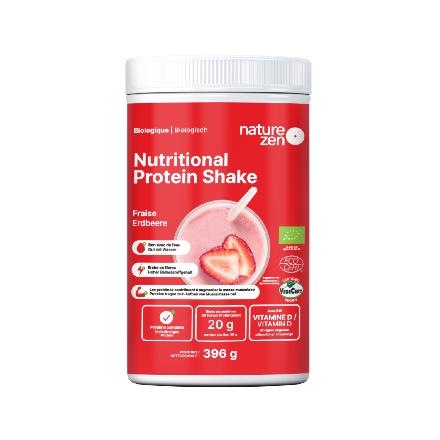 Boisson nutritionnelle protéinée en poudre biologique &amp; vegan | Nature Zen Essentials - Fraise