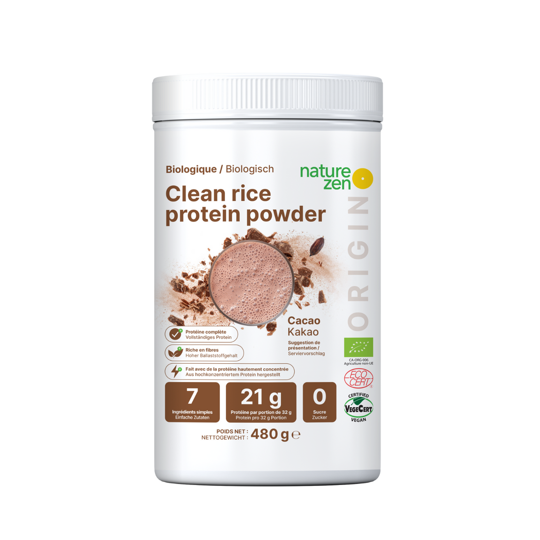 Nature Zen Origin - Poudre de protéines de riz bio - Cacao 