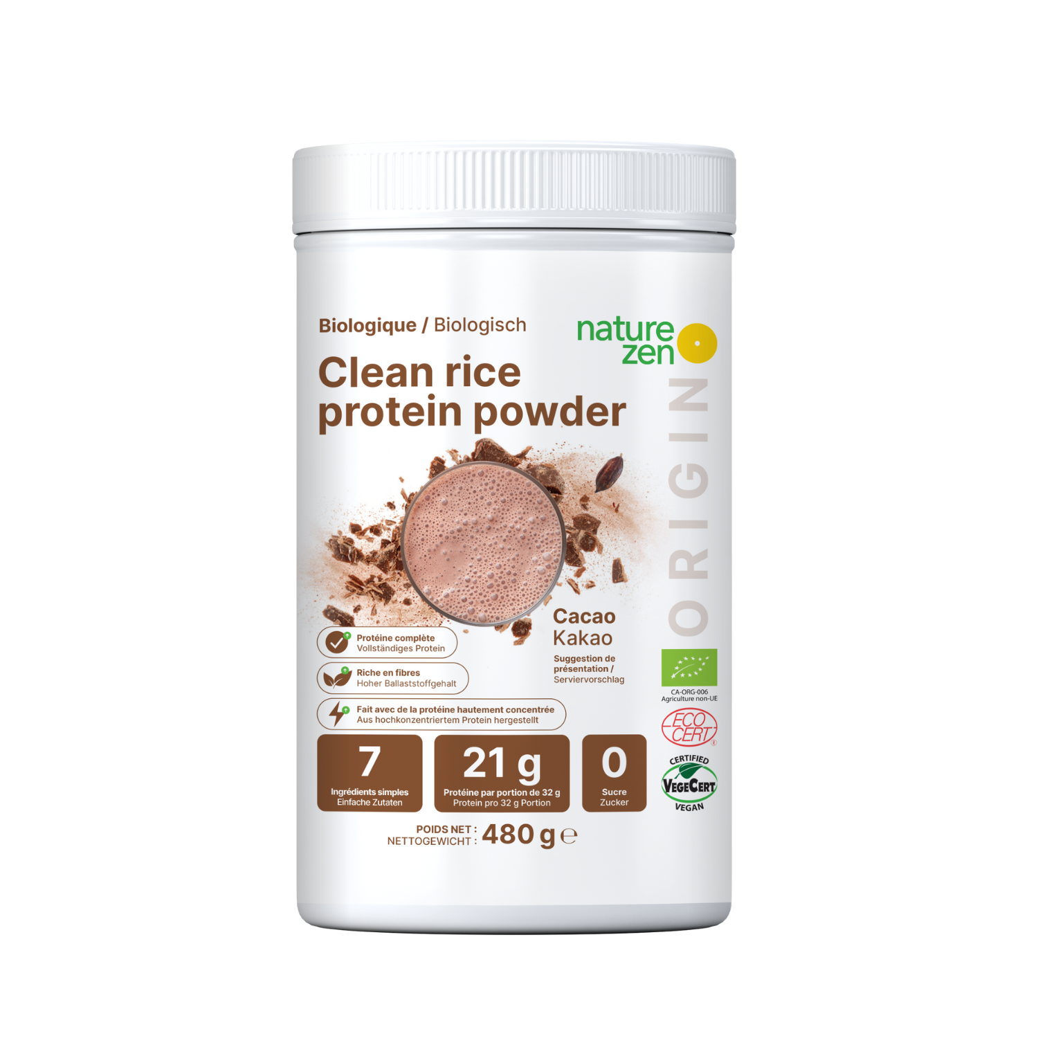 Nature Zen Origin - Poudre de protéines de riz bio - Cacao 