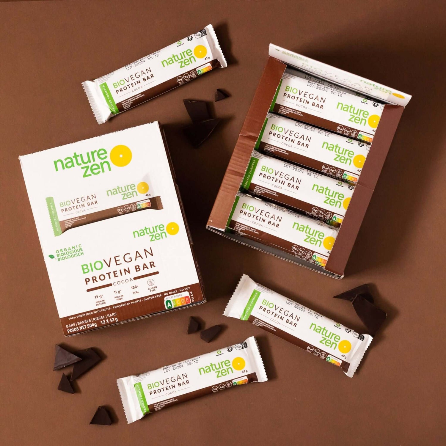 Nature Zen Organic Vegan Protein bars - Chocolate [New Recipe] bars and box