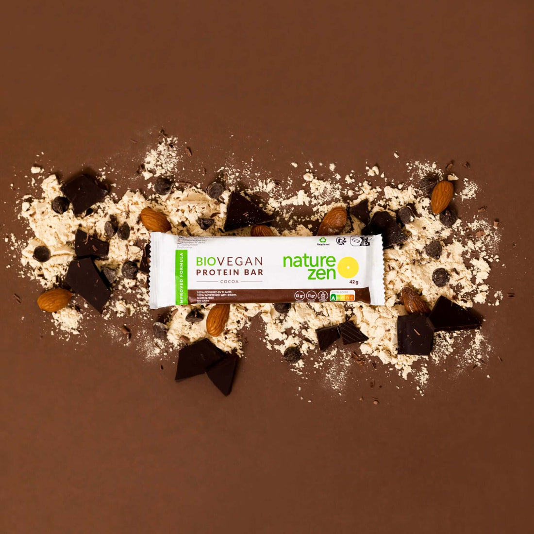 Nature Zen Organic Vegan Protein bars - Chocolate [New Recipe] brown background