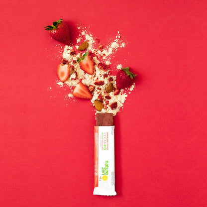 Nature Zen Organic Vegan Protein bars - Strawberry bar [New Recipe] bar red background