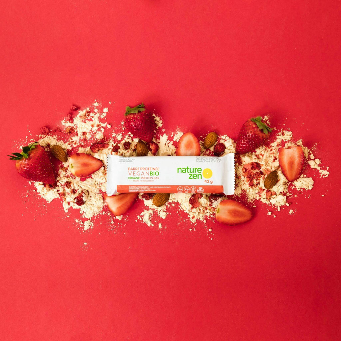 Nature Zen Organic Vegan Protein bars - Strawberry protein bar [New Recipe] red background