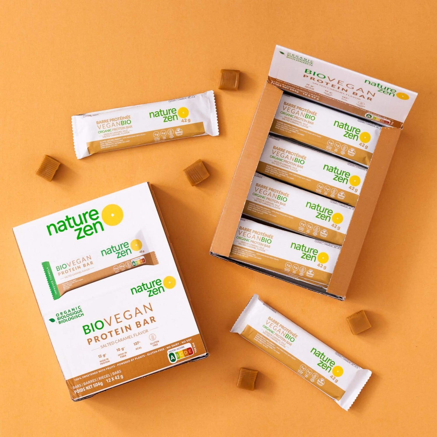 Nature Zen Organic Vegan Protein bars - Salted Caramel protein bars [New Recipe] box